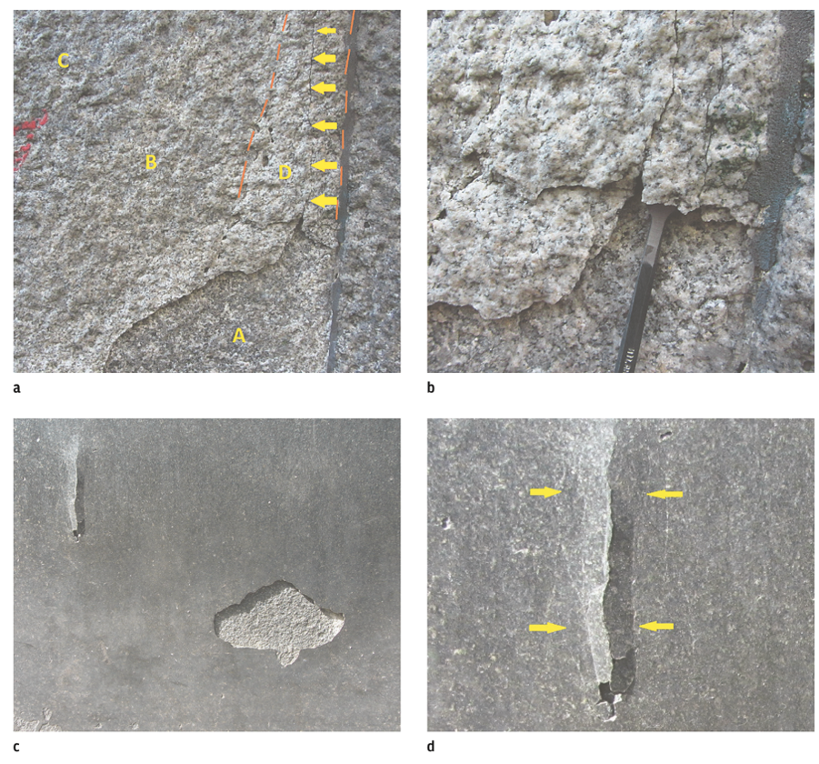A) Rock surface with zones labeled A, B, C, and D. Yellow arrows mark a rupture line within zone D. B) Close-up of rock surface showing buckling and a rupture plane forming a plaque. A chisel is inserted beneath one section of plaque. C) Rock surface with a partially detached plaque in the top left and a buckling zone in the bottom right. D) Close-up of the buckling zone in image C, with yellow arrows highlighting a crack.