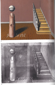 Image A. A painting of a room with a staircase that leads into the back wall. The word *sirène* written on the floorboards has a finger protruding from where the letter *i* should be. A sphere above the finger dots the *i*. Image B. X-ray of figure A with the word *importance* now visible beneath the word *sirène* but still aligned so that the finger and sphere function as lowercase *i*.
