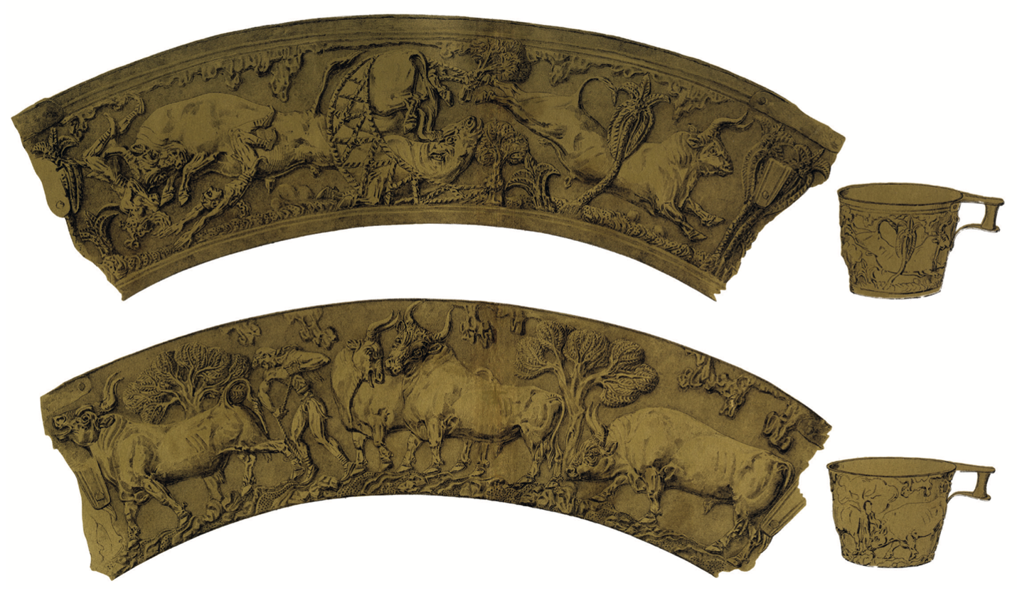 Rollout illustrations of two gold cups that have gently flaring sides and handles near the rim. Views to one side show what each cup would look like if unfurled. Each has bulls and trees in low relief.